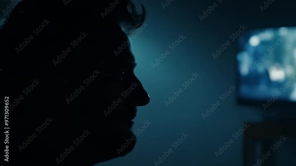 A cinematic wide portrait of a man in profile, softly lit by the blue glow of a TV screen, creating a reflective and moody atmosphere
A cinematic wide portrait of a man in profile, softly lit by the blue glow of a TV screen, creating a reflective and moody atmosphere