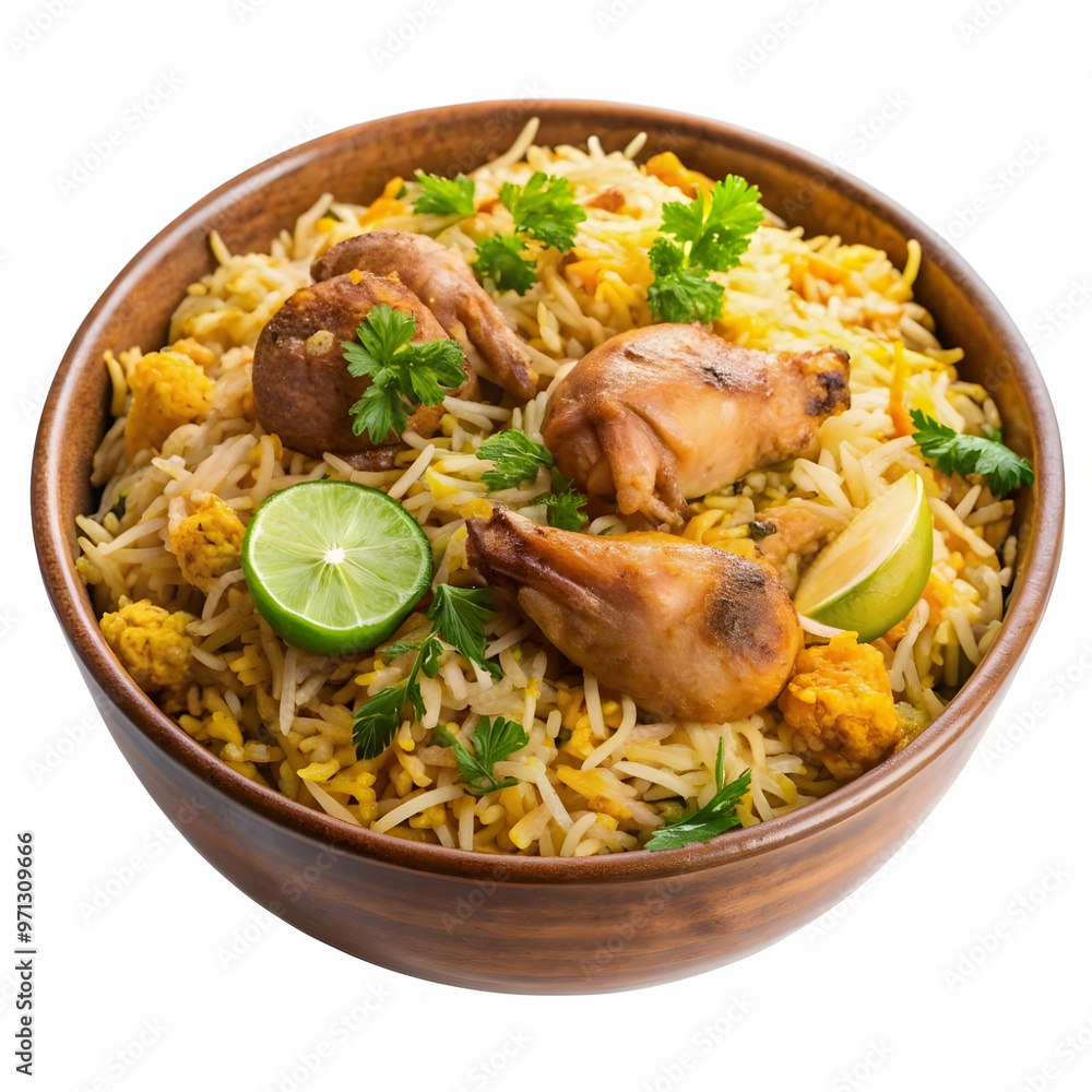 a bowl of biryani with chicken pieces on a transgay a bowl of biryani with chicken pieces on a transgay