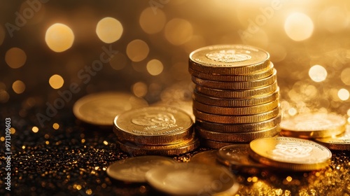 Golden Coins Stacked on Glittering Background photo