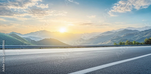 Panoramic Empty Asphalt Highway Road with Sky and Mountain Backgroundat at Sunrise , Asphalt Freeway, Road Perspective  photo