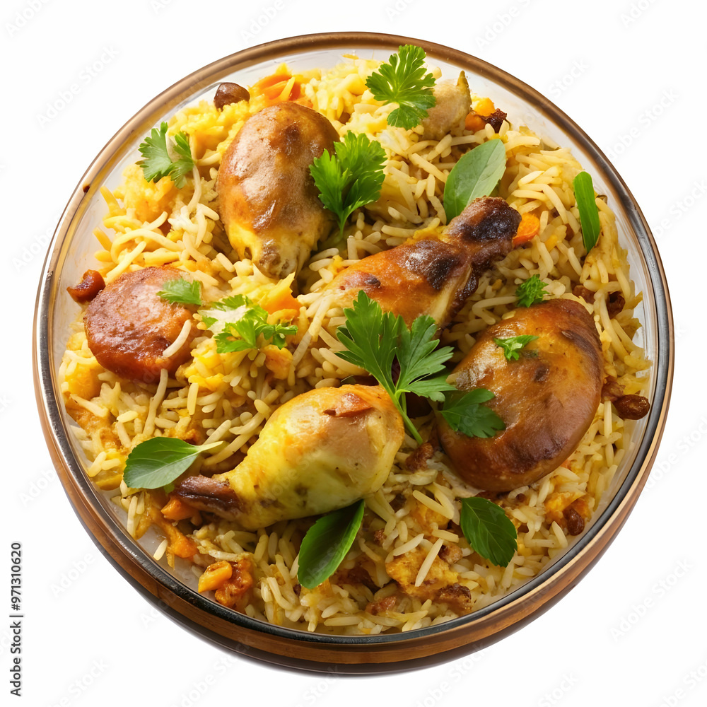 a bowl of biryani with chicken pieces on a transgay a bowl of biryani with chicken pieces on a transgay