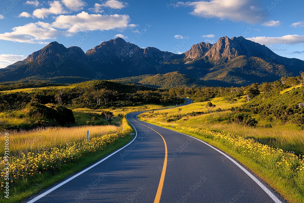 Naklejka premium A winding road through the Tasmanian countryside, lined with wildflowers and leading toward distant, rugged mountains