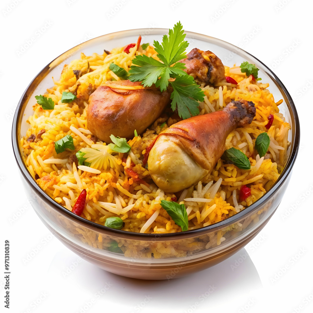 Fototapeta premium a bowl of biryani with chicken pieces on a transgay