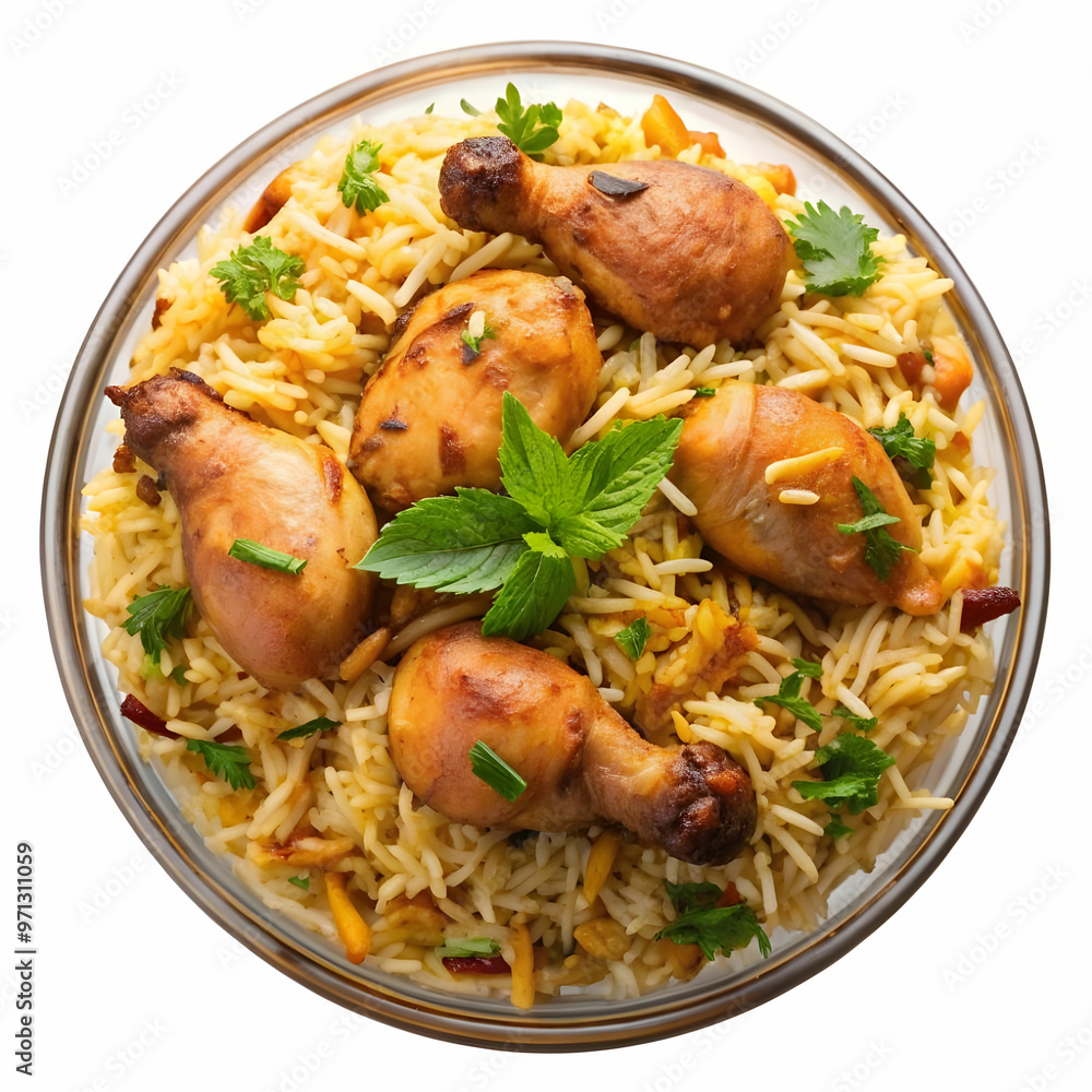 a bowl of biryani with chicken pieces on a transgay a bowl of biryani with chicken pieces on a transgay