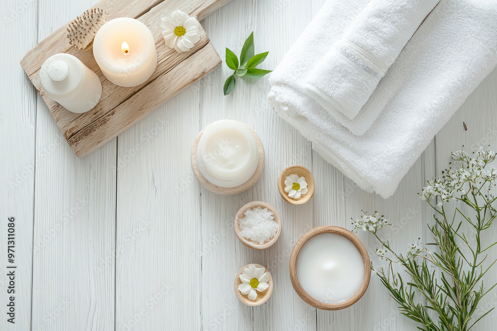Composition of spa treatment on the white wooden table. Composition of spa treatment on the white wooden table.