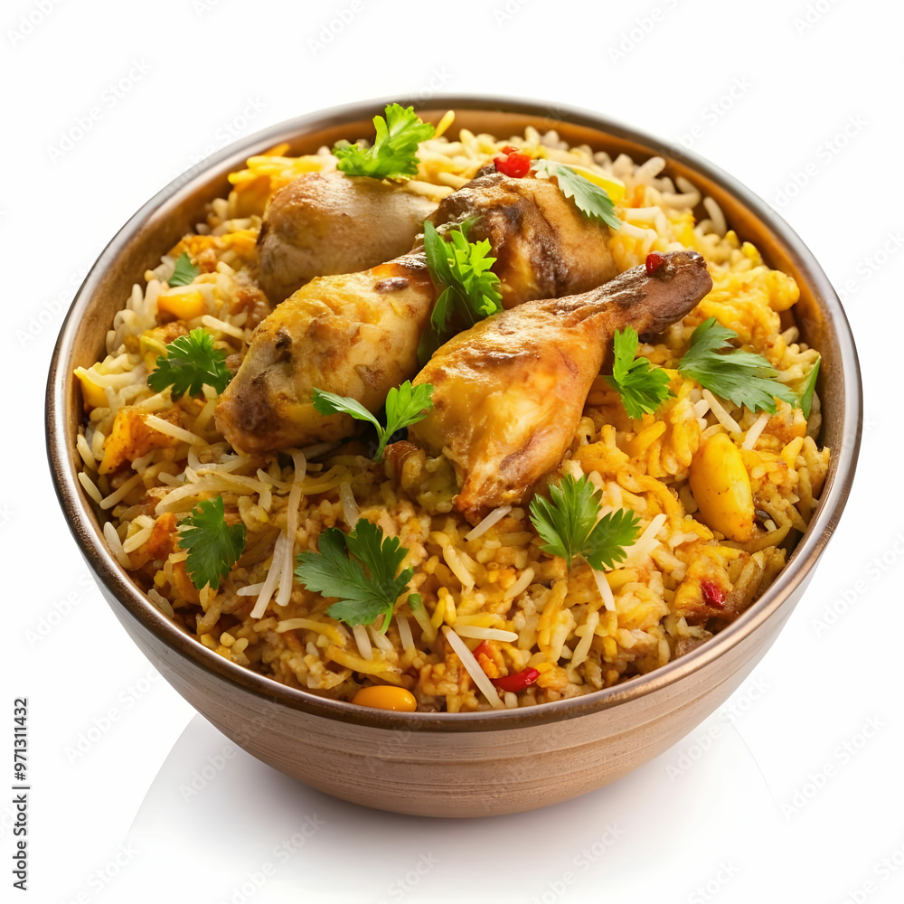 a bowl of biryani with chicken pieces on a transgay a bowl of biryani with chicken pieces on a transgay