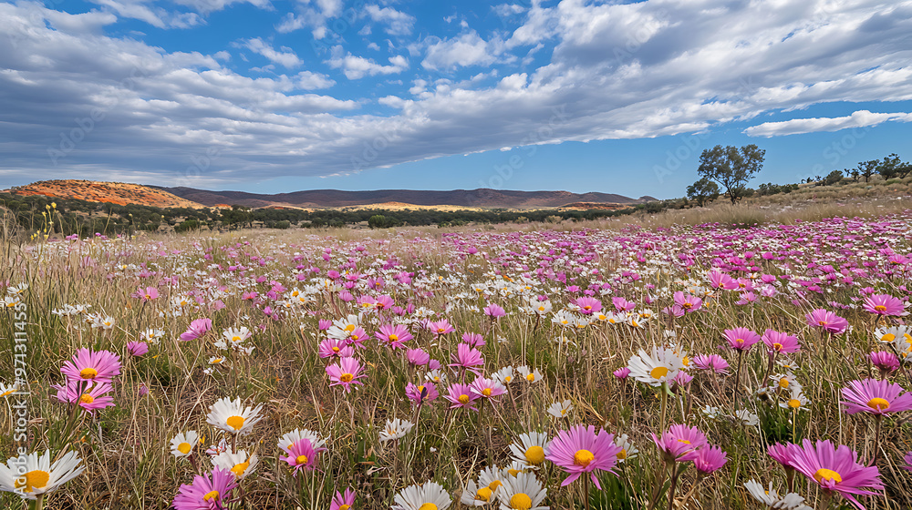 A field of blooming mulla mulla flowers stretching across the dry landscape of the Outback A field of blooming mulla mulla flowers stretching across the dry landscape of the Outback