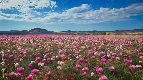 A field of blooming mulla mulla flowers stretching across the dry landscape of the Outback  photo