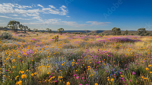 A field of blooming mulla mulla flowers stretching across the dry landscape of the Outback  photo