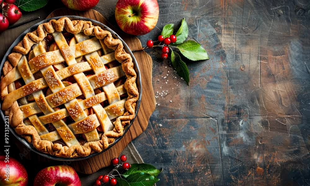 Freshly baked apple pie on wooden board with apples and berries, top view Freshly baked apple pie on wooden board with apples and berries, top view