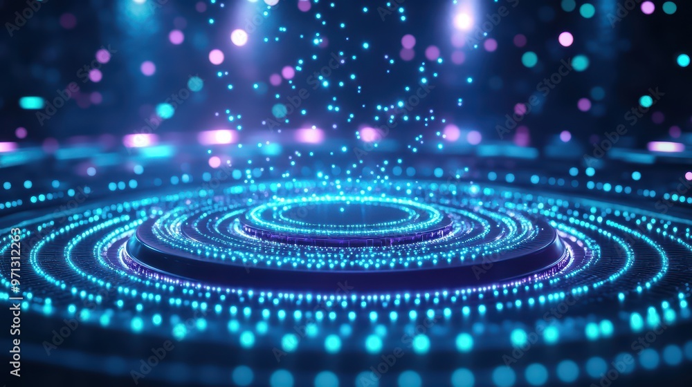 A vibrant display of luminous particles in a circular pattern, creating an enchanting visual effect with shades of blue and purple. A vibrant display of luminous particles in a circular pattern, creating an enchanting visual effect with shades of blue and purple.