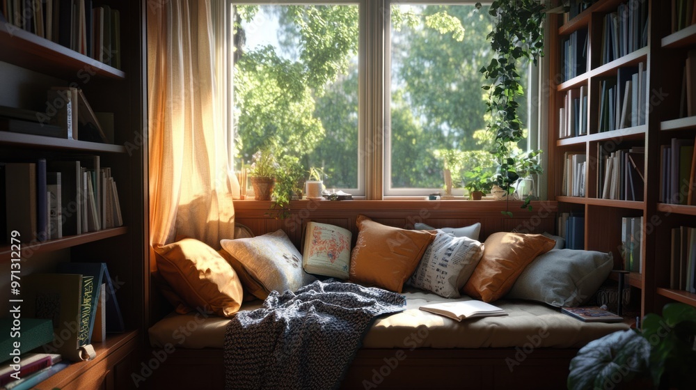 Obraz premium A cozy reading nook with a pile of pillows and a blanket, set beside a bookshelf and a window with natural light.