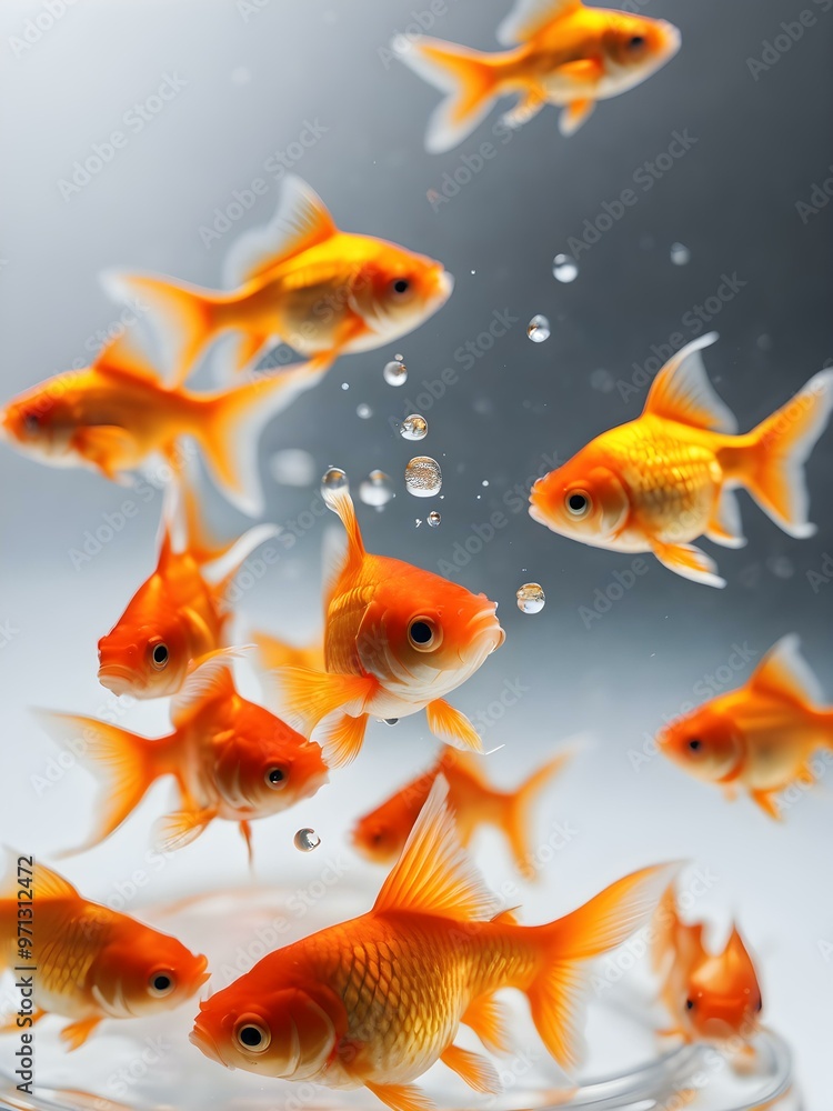 Tiny goldfish in a bowl of water against a completely white background Tiny goldfish in a bowl of water against a completely white background