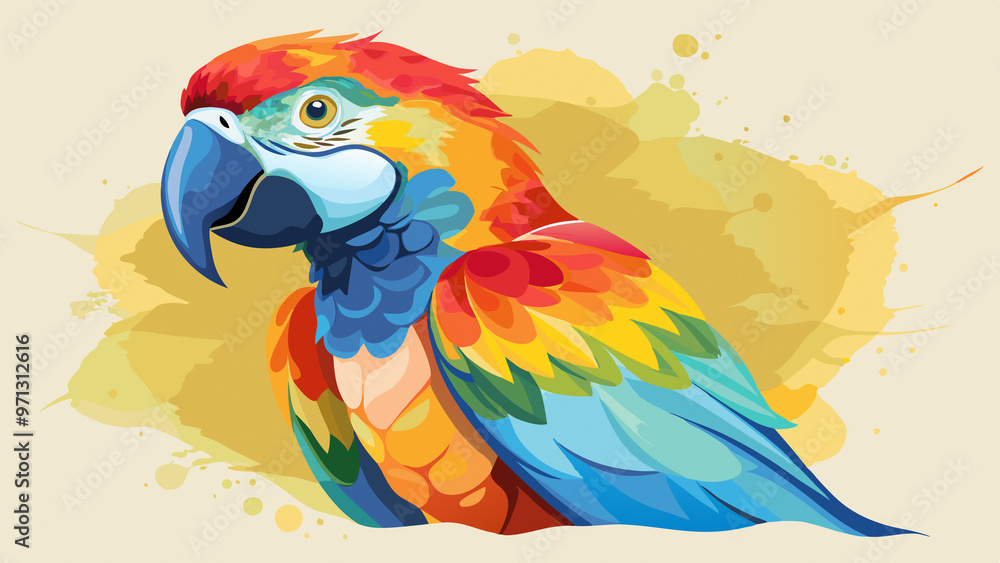 Obraz premium Illustration of a bright parrot with a predominance of red, blue and yellow colors on a beige background with abstract spots