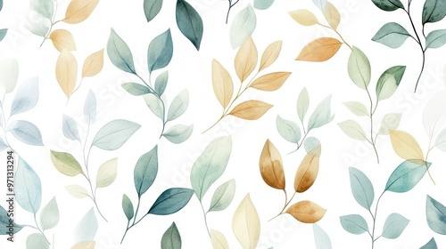 Minimalist seamless pattern with green, blue, light brown, and gray watercolor leaves, gracefully scattered on a white background