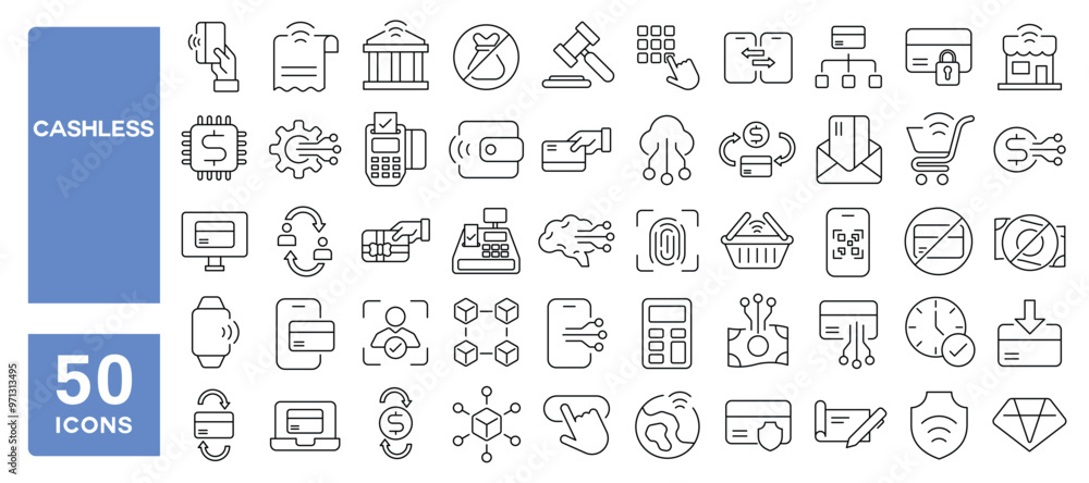 Set of 50 line icons related to cashless, contactless, bill, payment, mobile, banking, code, nfc, chip, wallet, transfer, pay, funds, Editable stroke. Vector illustration Set of 50 line icons related to cashless, contactless, bill, payment, mobile, banking, code, nfc, chip, wallet, transfer, pay, funds, Editable stroke. Vector illustration