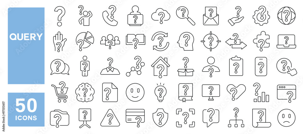 Set of 50 line icons related to query, question, ask, help, confusion, mark, faq, puzzle, solve, problem, support, Editable stroke. Vector illustration Set of 50 line icons related to query, question, ask, help, confusion, mark, faq, puzzle, solve, problem, support, Editable stroke. Vector illustration