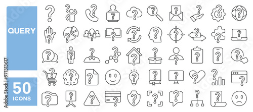 Set of 50 line icons related to query, question, ask, help, confusion, mark, faq, puzzle, solve, problem, support, Editable stroke. Vector illustration