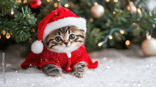 Festive Kitten in Santa Outfit Lying Under a Decorated Christmas Tree.