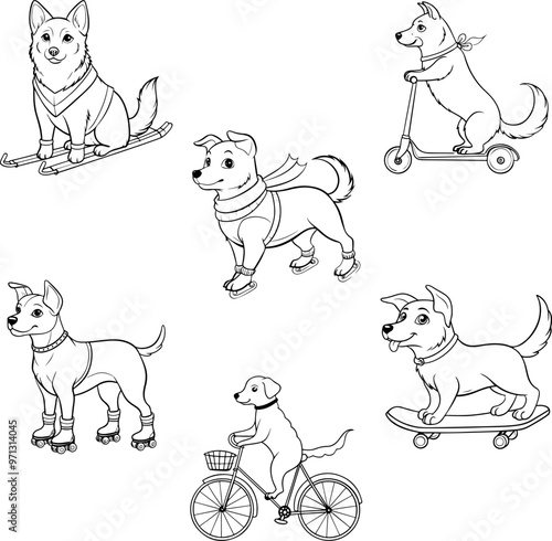 Cartoon dog on skis, winter skates, bike, rollerblades, skateboard, scooter. Set of vector sketches in line art style on transparent backgrounds