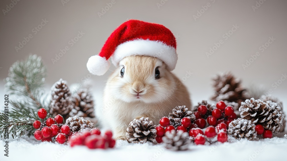 Festive Bunny Wearing Santa Hat Surrounded by Pinecones and Winter Berries. Festive Bunny Wearing Santa Hat Surrounded by Pinecones and Winter Berries.