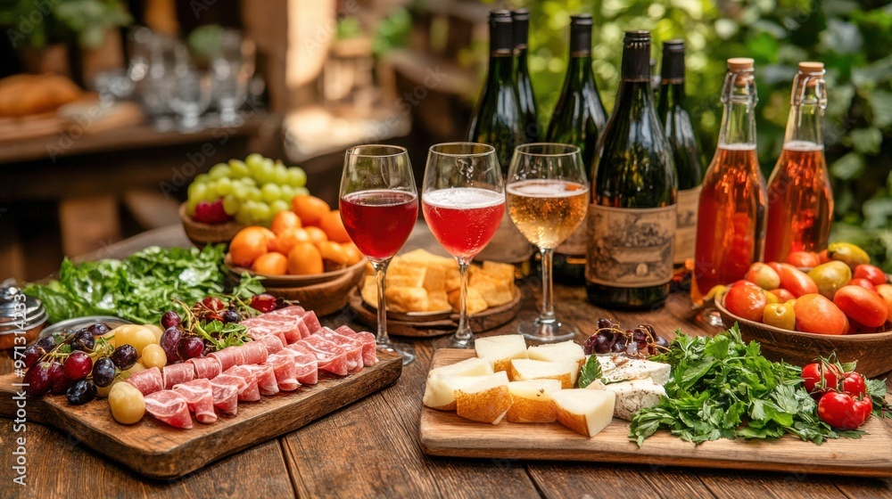 Outdoor Picnic Gathering in a Garden Setting with Wine and Food. Outdoor Picnic Gathering in a Garden Setting with Wine and Food.