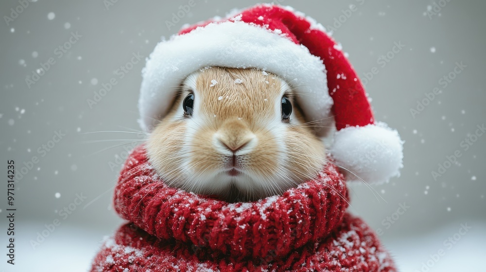 Cozy Bunny Wearing Santa Hat and Red Sweater in Snowfall. Cozy Bunny Wearing Santa Hat and Red Sweater in Snowfall.