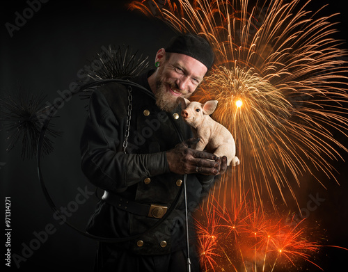 Schornsteinfeger in Arbeitskleidung begrüßt das Neue Jahr mit Feuerwerk.