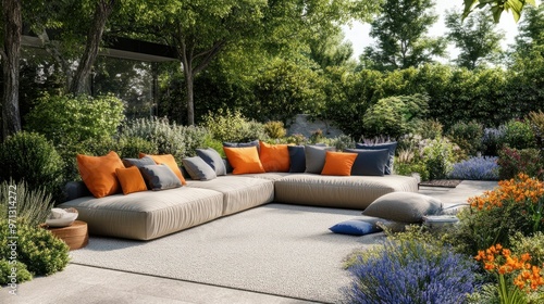 A luxurious outdoor seating area with colorful pillows, creating a comfortable and stylish retreat in a garden.