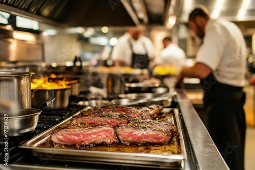 a kitchen filled with lots of metal pans filled with food