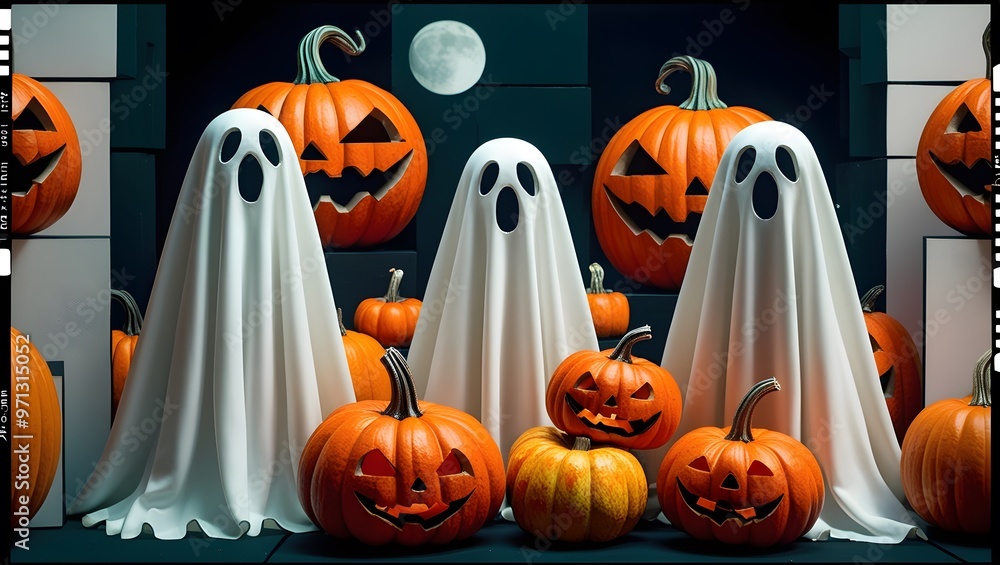 ghosts and pumpkins, with exaggerated features and dynamic poses, set in a spooky, fantastical world ghosts and pumpkins, with exaggerated features and dynamic poses, set in a spooky, fantastical world