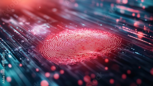 A red fingerprint is shown on a blue background photo