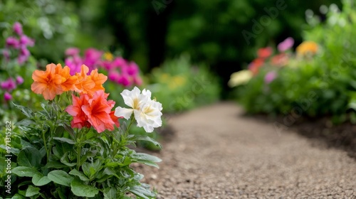 Wallpaper Mural A garden path covered in different varieties of flowers, creating a bright and colorful natural setting with a sense of depth Torontodigital.ca