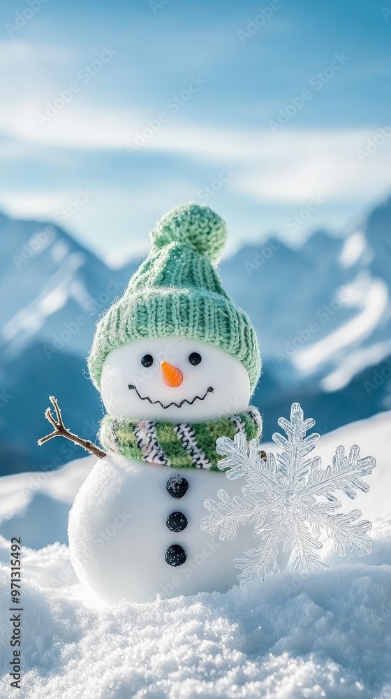 Obraz premium A snowman with a green hat and scarf holding a snowflake