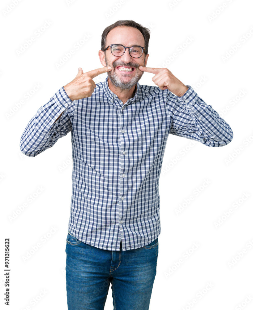 Handsome middle age elegant senior business man wearing glasses over isolated background smiling confident showing and pointing with fingers teeth and mouth. Health concept. Handsome middle age elegant senior business man wearing glasses over isolated background smiling confident showing and pointing with fingers teeth and mouth. Health concept.