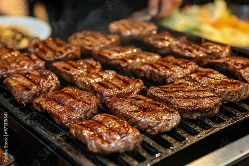 steaks and other meats cooking on a grill