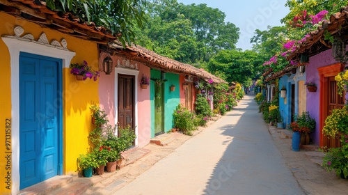 Vibrant Street Scene: Colorful Architecture and Tropical Climate.