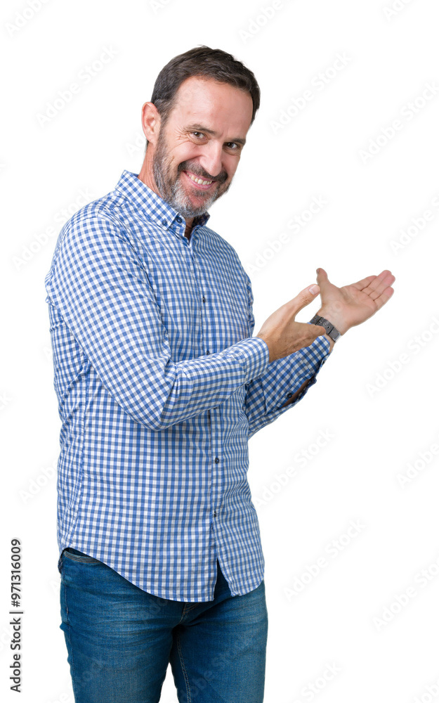 Handsome middle age elegant senior man over isolated background Inviting to enter smiling natural with open hand Handsome middle age elegant senior man over isolated background Inviting to enter smiling natural with open hand