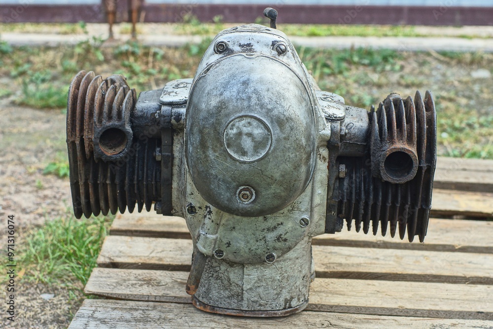 custom made wallpaper toronto digitalone rusty heavy iron retro dirty mechanical boxer engine repaired from an old two-cylinder classic retro motorcycle stands on a wooden pallet during the day on the street