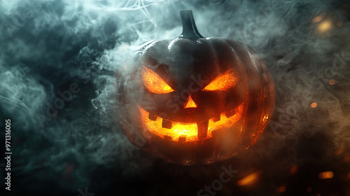 Eerie Fiery Pumpkin with Flames for Halloween Atmosphere photo