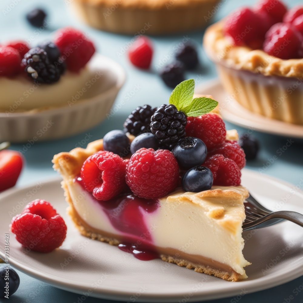 Slice of cheesecake with mixed berry topping on a small plate. Slice of cheesecake with mixed berry topping on a small plate.