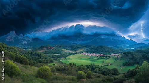 thunderstorm rolling over a mountain village