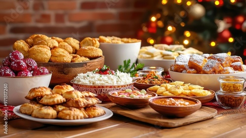 A Diwali scene with sparkling festive lights illuminating a table filled with traditional Indian dishes and sweets photo