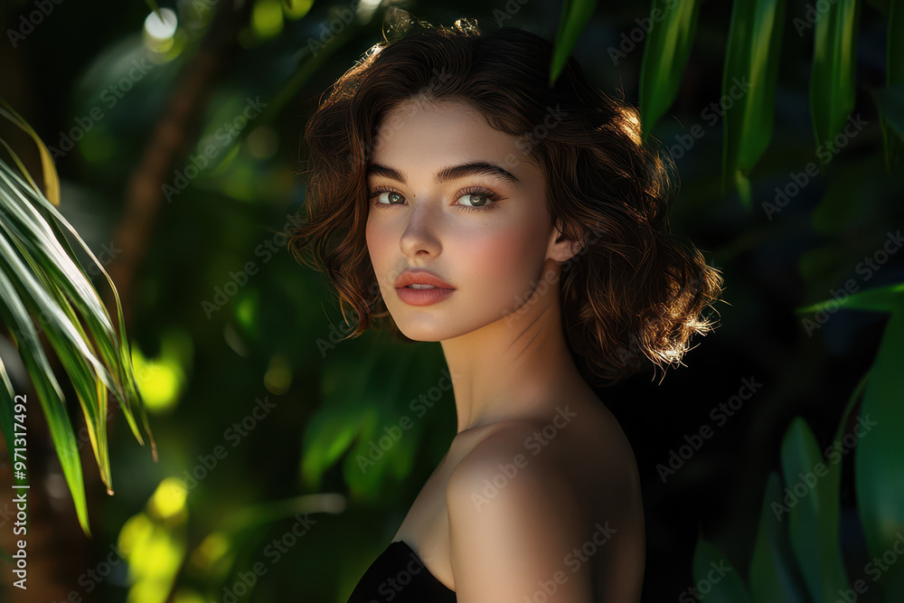Beautiful young woman in a black top posing against tropical leaves. A beauty portrait of a female model with natural makeup. Beautiful young woman in a black top posing against tropical leaves. A beauty portrait of a female model with natural makeup.
