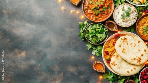 A festive meal featuring a lavish spread of traditional Indian dishes, from curry to naan, with Diwali decorations and lights enhancing the celebratory mood of the meal