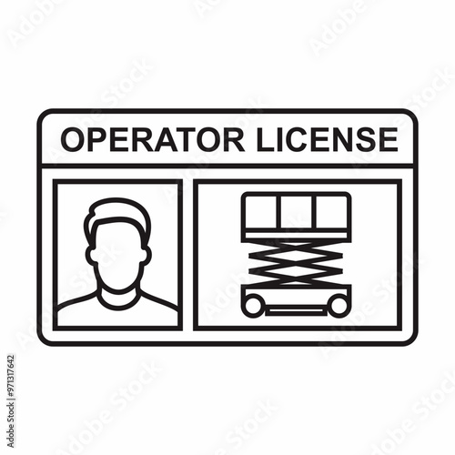 Outlined scissor lift operator license card vector illustration. Industrial safety management for transport. Authorized driver for operating the vehicle and heavy equipment.