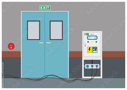 Unsafe condition illustration of an electrical cable lay on the floor and blocked the emergency exit route. Safety standard education for emergency evacuation.