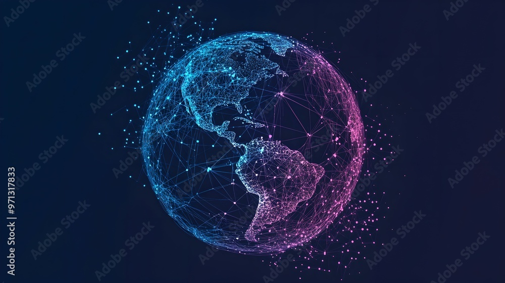 Naklejka premium Abstract Globe Made of Floating Points and Lines on Dark Background, dark background, floating points, intricate, purple