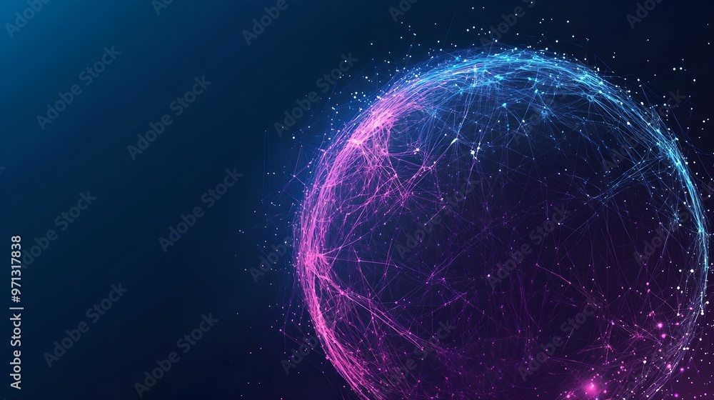 Obraz premium Abstract Globe Made of Floating Points and Lines on Dark Background, dark background, floating points, intricate, purple