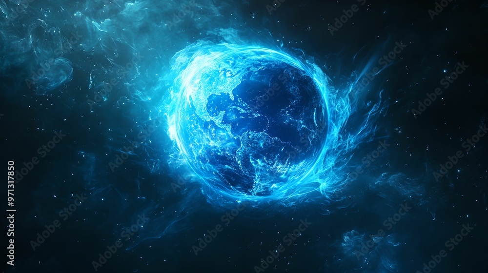 Glowing Blue Abstract Globe with Particle Effects in the Dark, particle effects, glow, darkness, mystery Glowing Blue Abstract Globe with Particle Effects in the Dark, particle effects, glow, darkness, mystery